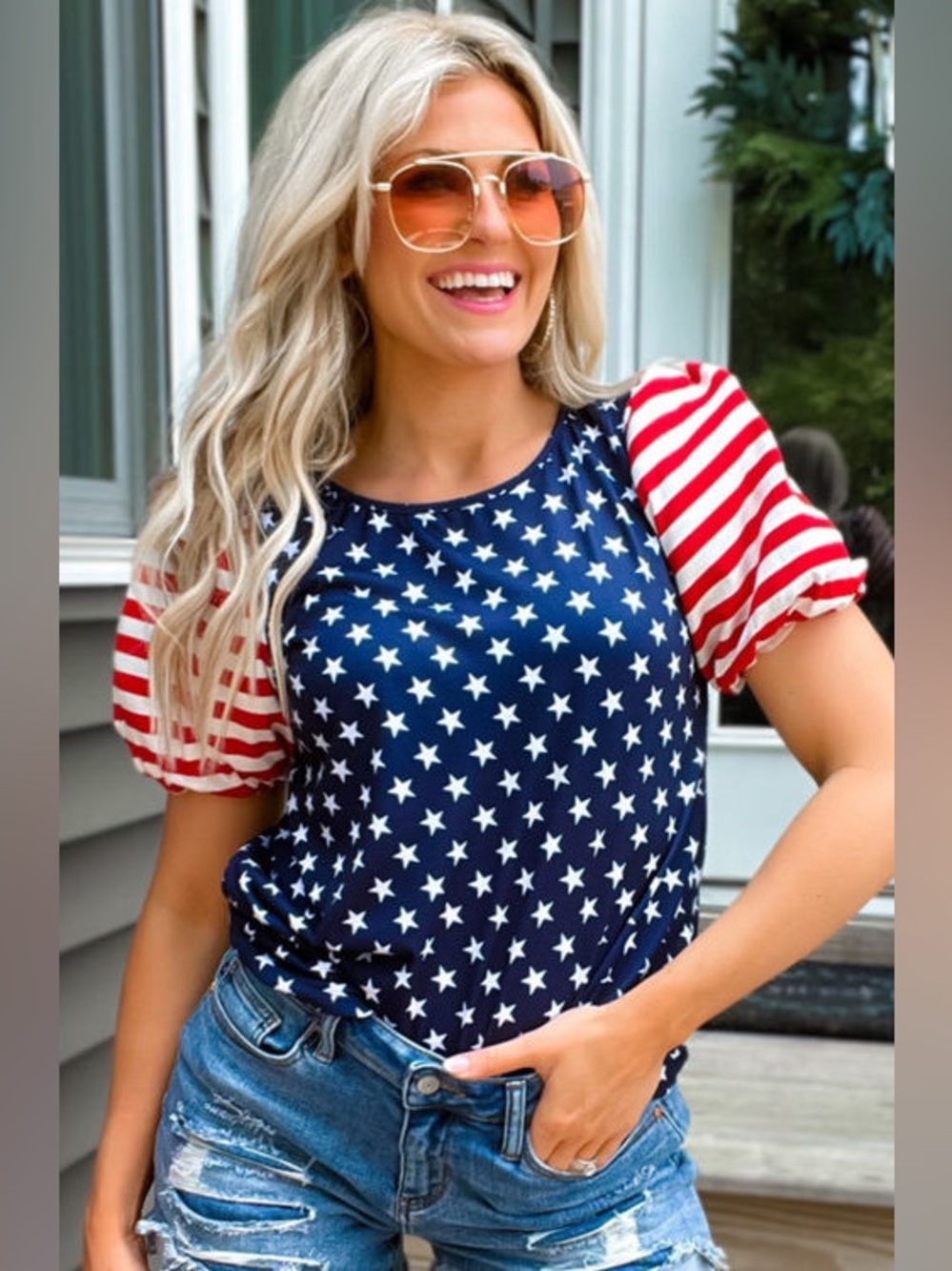 BiBi Navy Blue 4th Of July Stars Stripes Puff Sleeve T Shirt